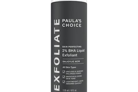 gray bottle with with white cap with exfoliator written on side