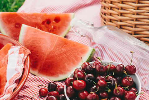 Picnic Of Cherries, Watermelon And Fruit