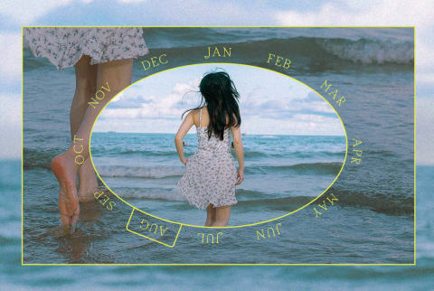 woman in sundress running on beach with astrology overlay