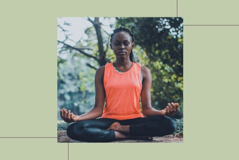 Calm vs. Headspace Hero Image Of Woman mediating on green background