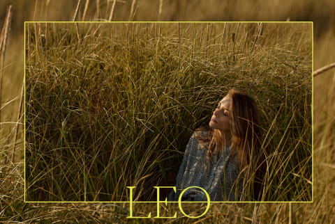 woman in field with text that says leo season