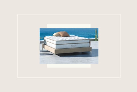 mattress and bedframe outside with ocean view behind it