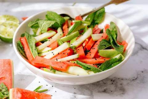 A fresh summer salad of watermelon, green apple, mint and nigella seeds