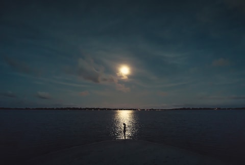 Young female silhouete at the shore with the reflected light of the moon on the sea