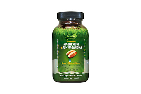 A bottle of Irwin Naturals Triple Source Magnesium + Ashwagandha liquid soft-gels is centered against a white background. The green label features a grass illustration and highlights the product as a "Recovery | Balance | Stress" formula for Mind and Body Recovery and improving overall health. A bottle of Irwin Naturals Triple Source Magnesium + Ashwagandha liquid soft-gels is centered against a white background. The green label features a grass illustration and highlights the product as a "Recovery | Balance | Stress" formula for Mind and Body Recovery and improving overall health.