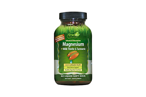 A single bottle of Irwin Naturals Advanced Absorption Magnesium + Milk Thistle & Turmeric liquid soft-gels is centered against a white background. The bottle has a dark cap and a green label featuring an illustration of soft-gel capsules and grass. The label highlights benefits for "Liver & Gallbladder Health," "Daily Detox Support," and "promotes Glutathione production." A single bottle of Irwin Naturals Advanced Absorption Magnesium + Milk Thistle & Turmeric liquid soft-gels is centered against a white background. The bottle has a dark cap and a green label featuring an illustration of soft-gel capsules and grass. The label highlights benefits for "Liver & Gallbladder Health," "Daily Detox Support," and "promotes Glutathione production."