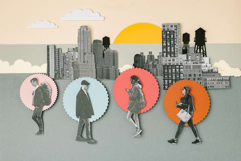 Paper Collage of People Walking in a City Social Distancing