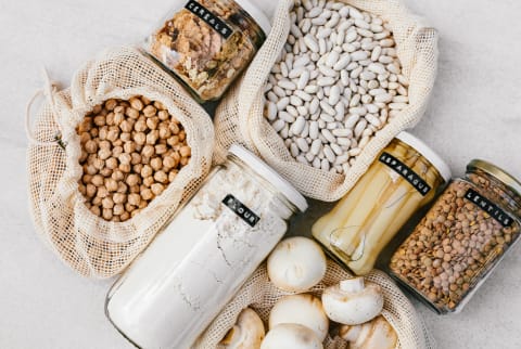 Plastic free organization for the pantry - Flour, Beans, Chickpeas, Lentils, and Canned Asparagus