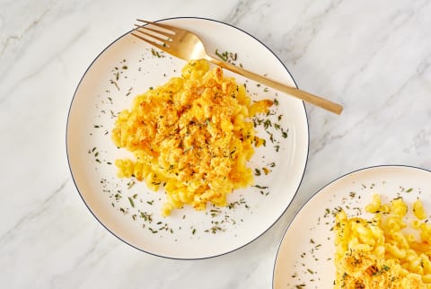 Comfort food - macaroni and cheese baked with bread crumbs and herbs
