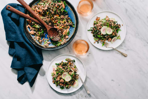 Overhead Photo of Salmon Quinoa Salad With Honey Soy Dressing
