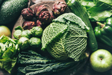 Textured Foods and Leafy Green Vegetables - Cabbage, Brussel Sprouts, Artichoke, and Pepper