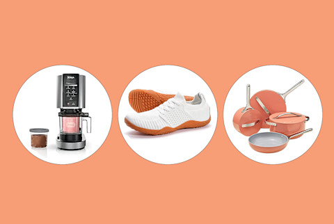 ninja creami, sneakers, and pan set on orange background ninja creami, sneakers, and pan set on orange background