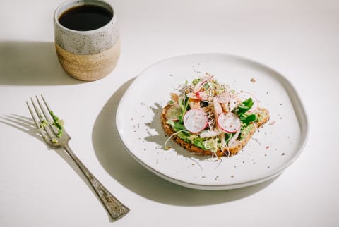 Breakfast Avocado Toast with Radishes and Alfalfa Sprouts