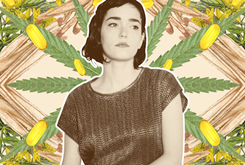 woman alone with collage of ashwagandha, fish oil capsules, hemp leaf and st john's wart woman alone with collage of ashwagandha, fish oil capsules, hemp leaf and st john's wart