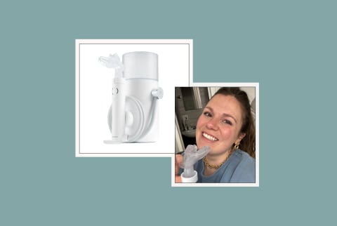 Proclaim water flosser in box next to photo of tester smiling holding custom mouthpiece from Proclaim Oral Health System