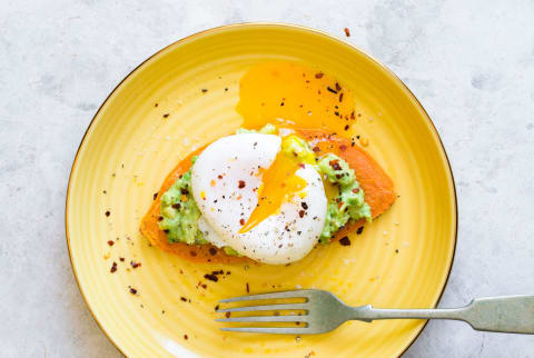 Poached Egg, Avocado On Grilled Sweet Potato Slice