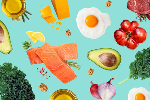 Collage of keto vegetables, meats, fish, legumes, eggs, avocadoes