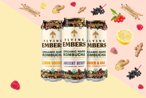 Flying Embers hard kombucha collaged with ingredients