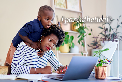 Young boy jumping on his mom while she tries to work at her laptop - Parenthetical Young boy jumping on his mom while she tries to work at her laptop - Parenthetical