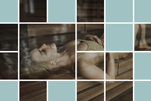 woman laying in hot sauna woman laying in hot sauna