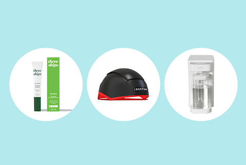 images of three ships eye hero, irestore elite hat, and sans water purifier all on teal blue ground
