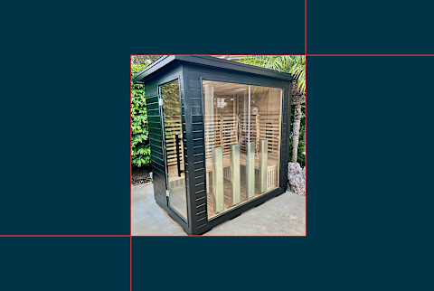 photo of sun home luminar sauna set up outside tester's house on blue background photo of sun home luminar sauna set up outside tester's house on blue background