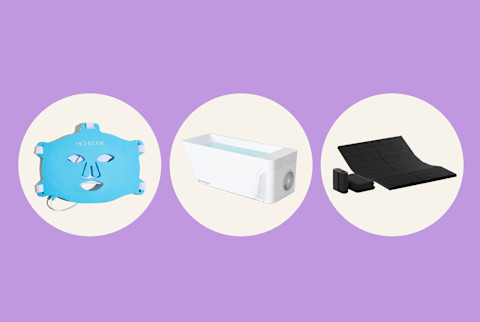 photos of higherdose red light mask, plunge tub, and eight sleep pod 4 on purple background