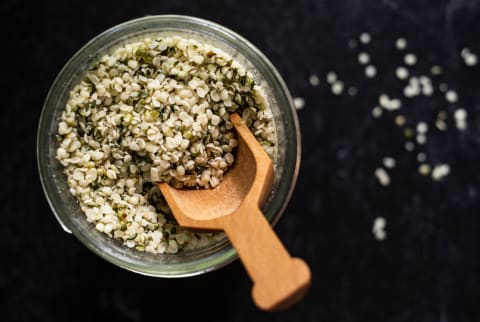 Jar Filled with Hemp Seeds from Above with Scoop