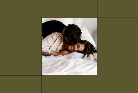 photo of man and woman on bed on green background