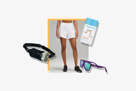 photo of woman's lower half in lululemon white running shorts on light grey background with smaller images of running belt, sunglasses, and anti-chafe balm