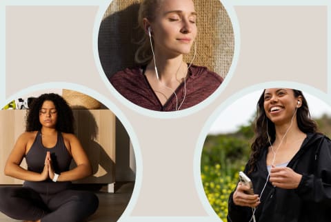 Photos of three women cropped into circles meditation with headphones and cell phone