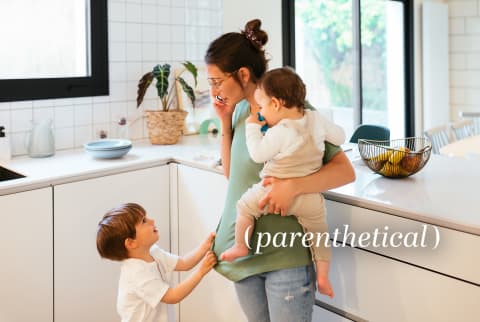 Stressed mother busy with two children, Parenthetical franchise