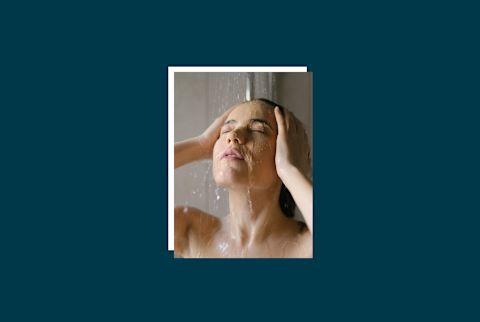 image of woman washing hair on blue background