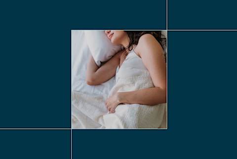 photo of woman lying in bed on blue background photo of woman lying in bed on blue background