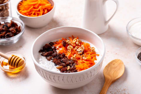 Carrot and raisins overnight oats with walnuts, high protein healthy breakfast