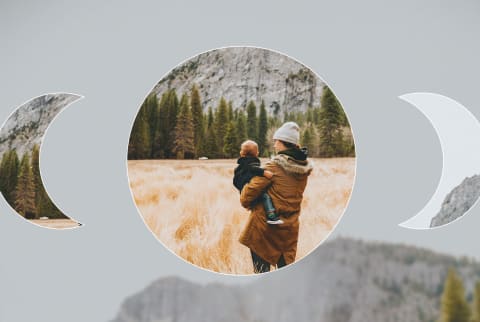 woman holding baby in front of mountain with moon overlaid