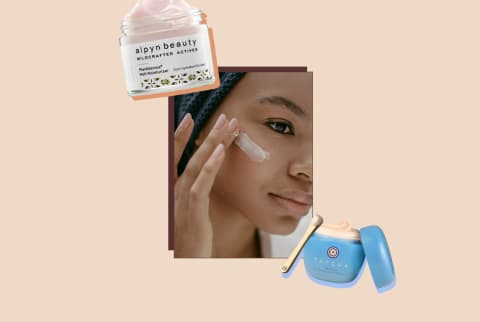 Woman applying a face cream with product collage