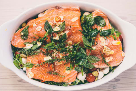 Mediterranean diet with salmon, herbs and vegetables