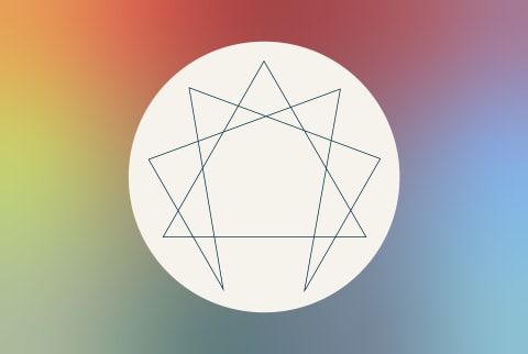 A graphic depiction of the Enneagram symbol on a rainbow gradient background.