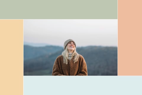 Smiling woman surrounded by blocks of color.