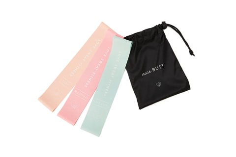 Love Sweat Fitness bands in salmon, pink, and light blue with black pouch