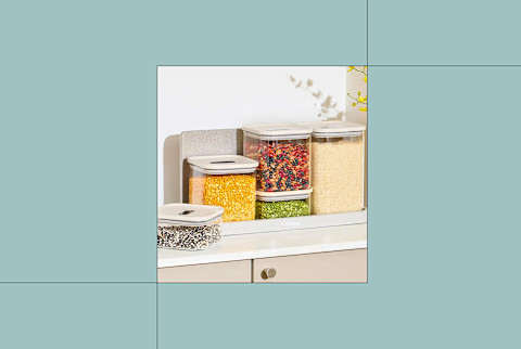 Caraway Airtight Glass Container Set in Cream filled with legumes and stacked Caraway Airtight Glass Container Set in Cream filled with legumes and stacked