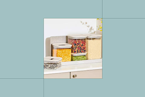 Caraway Airtight Glass Container Set in Cream filled with legumes and stacked Caraway Airtight Glass Container Set in Cream filled with legumes and stacked