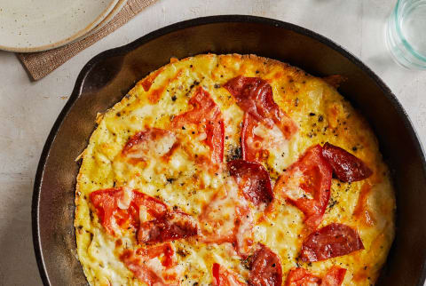 Keto Breakfast Pizza with Tomato, Pepperoni, and Mozzarella
