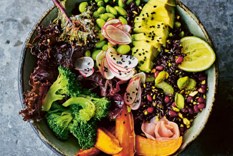 Overhead view of the black rice buddha bowl