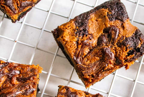 Overhead of Freshly Baked Brownies with a Peanut Butter Swirl