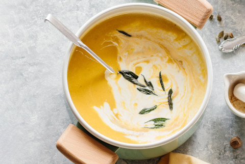 Overhead shot of squash soup Overhead shot of squash soup