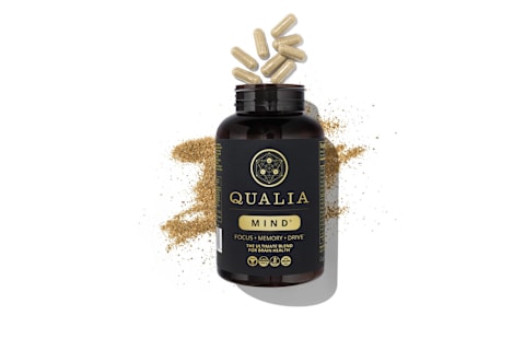 Qualia Mind 2.0 Supplement on white background with capsules coming out