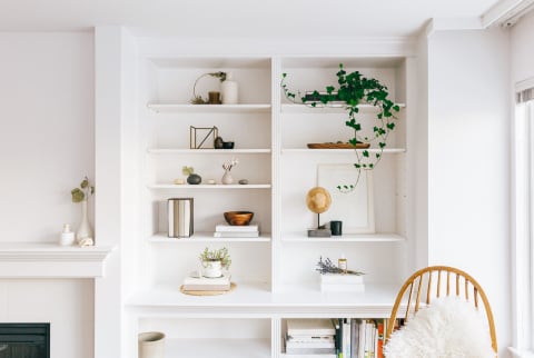 Beautiful Interiors Of Minimal Home With Bookshelf, Furniture, Rug And Plants