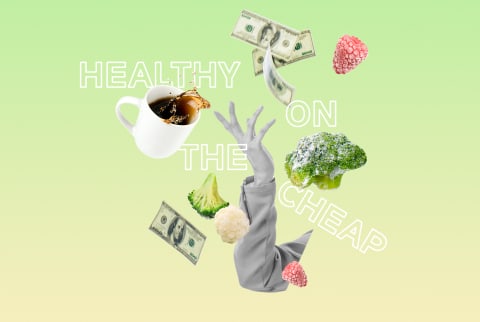 collage on saving money while eating healthy